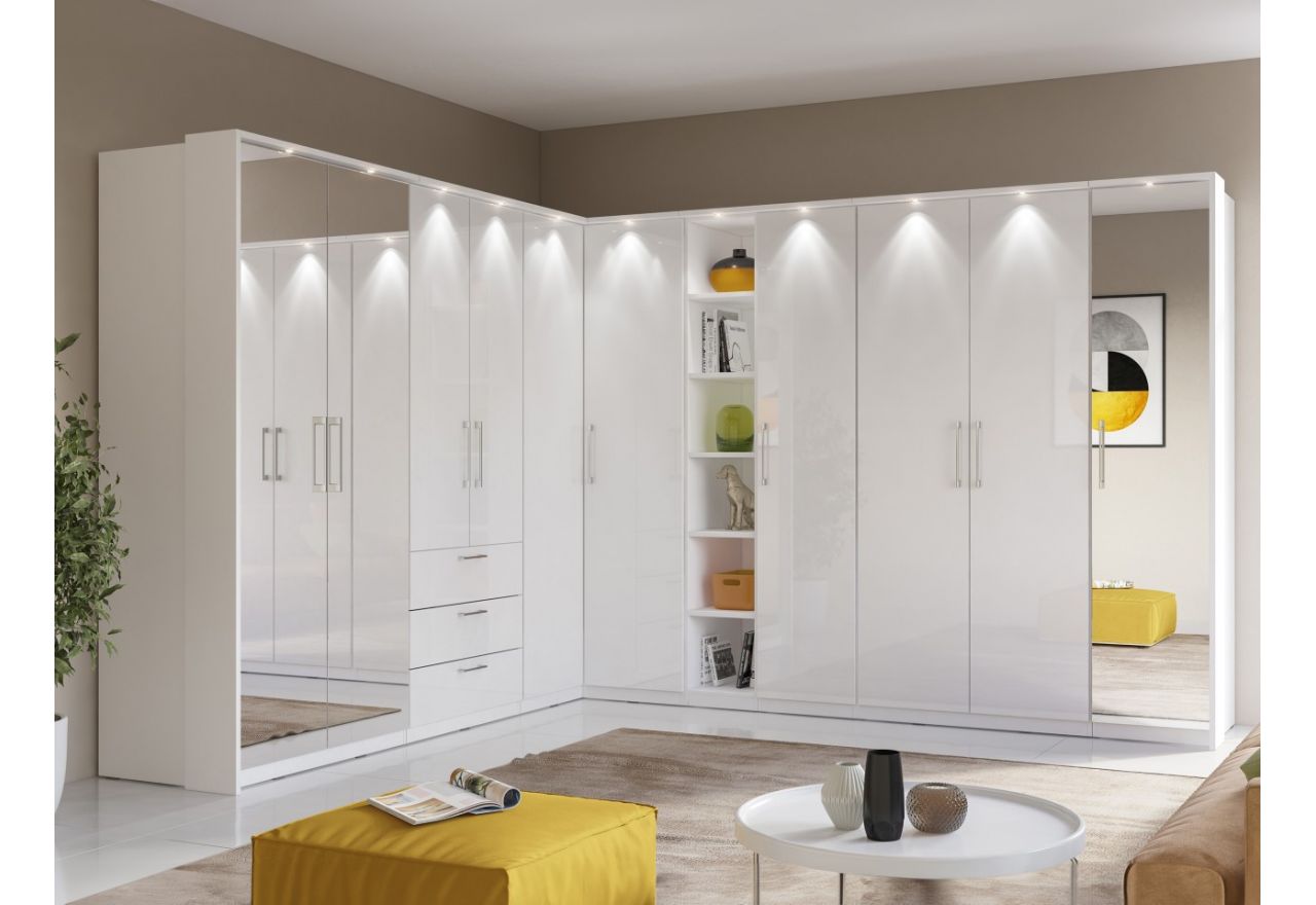 Nowoczesna szafa narożna z opcją oświetlenia LED do sypialni i garderoby - OLIVER Biały / Biały połysk