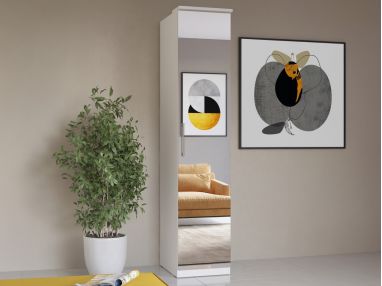 Wąska szafa z lustrem na froncie i półkami do sypialni i garderoby - OLIVER Biały / Lustro