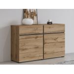 Kompaktowa, nowoczesna komoda 120 cm, dwudrzwiowa z szufladami - TONI - Dąb wotan z czarnymi elementami