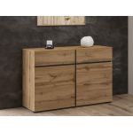 Kompaktowa, nowoczesna komoda 120 cm, dwudrzwiowa z szufladami - TONI - Dąb wotan z czarnymi elementami