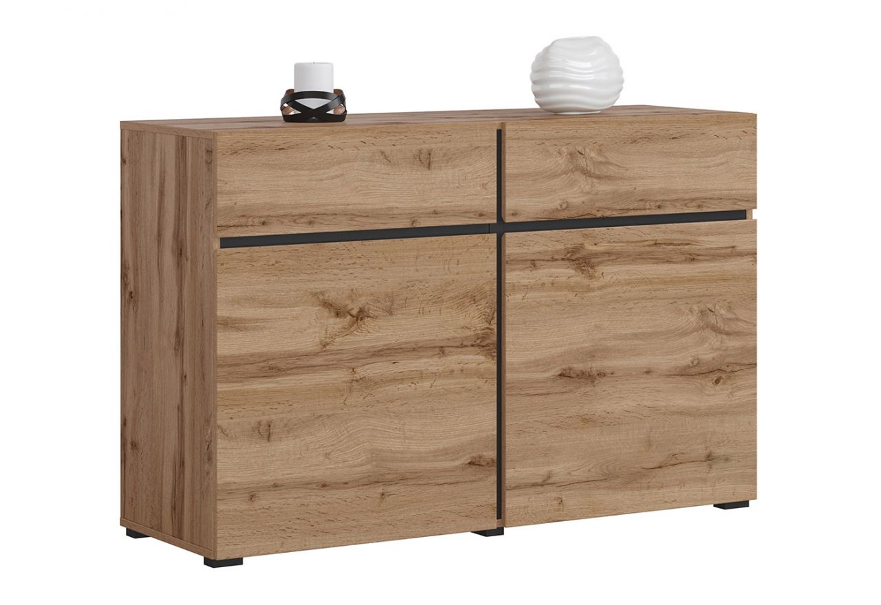 Kompaktowa, nowoczesna komoda 120 cm, dwudrzwiowa z szufladami - TONI - Dąb wotan z czarnymi elementami