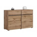 Kompaktowa, nowoczesna komoda 120 cm, dwudrzwiowa z szufladami - TONI - Dąb wotan z czarnymi elementami