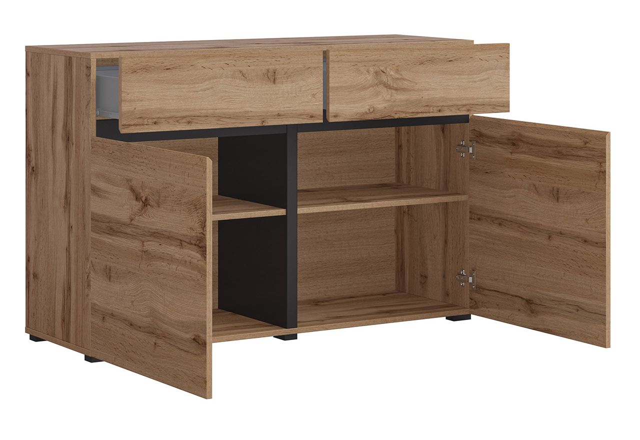 Kompaktowa, nowoczesna komoda 120 cm, dwudrzwiowa z szufladami - TONI - Dąb wotan z czarnymi elementami
