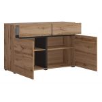 Kompaktowa, nowoczesna komoda 120 cm, dwudrzwiowa z szufladami - TONI - Dąb wotan z czarnymi elementami