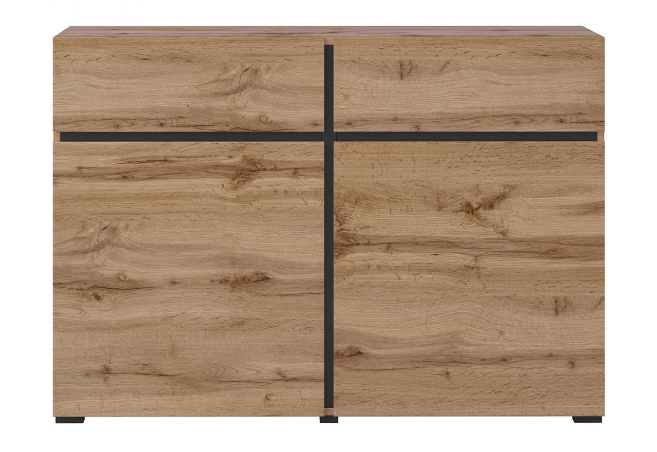 Kompaktowa, nowoczesna komoda 120 cm, dwudrzwiowa z szufladami - TONI - Dąb wotan z czarnymi elementami