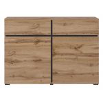 Kompaktowa, nowoczesna komoda 120 cm, dwudrzwiowa z szufladami - TONI - Dąb wotan z czarnymi elementami