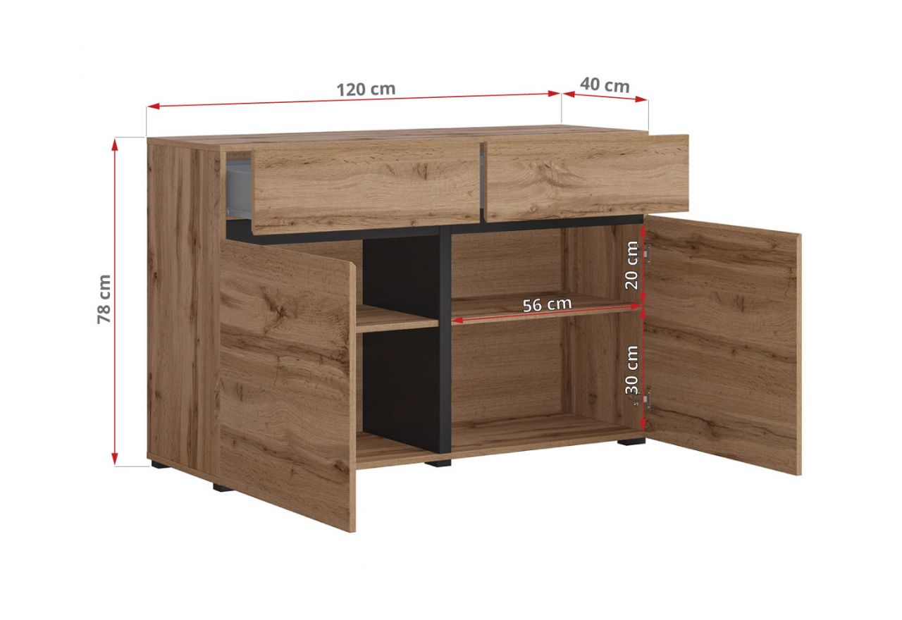 Kompaktowa, nowoczesna komoda 120 cm, dwudrzwiowa z szufladami - TONI - Dąb wotan z czarnymi elementami