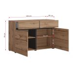 Kompaktowa, nowoczesna komoda 120 cm, dwudrzwiowa z szufladami - TONI - Dąb wotan z czarnymi elementami