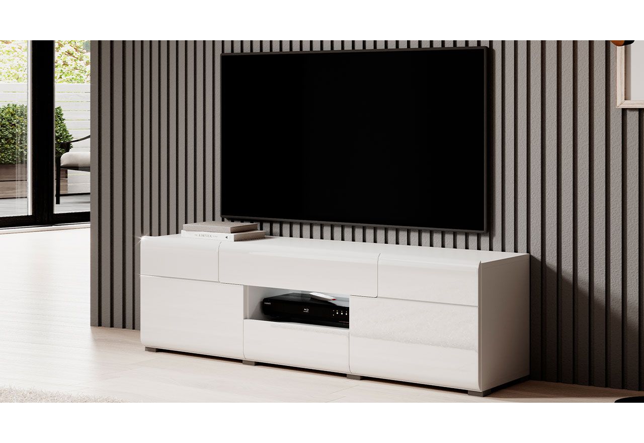 Elegancka szafka pod telewizor ARONA w białym kolorze i o nowoczesnym designie
