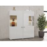 Wysoka komoda 110 cm w skandynawskim stylu, dwudrzwiowa z opcją oświetlenia LED - COMME - biały połysk / dąb wotan