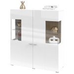 Wysoka komoda 110 cm w skandynawskim stylu, dwudrzwiowa z opcją oświetlenia LED - COMME - biały połysk / dąb wotan