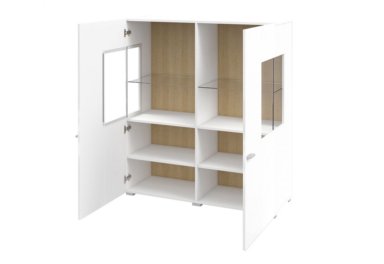 Wysoka komoda 110 cm w skandynawskim stylu, dwudrzwiowa z opcją oświetlenia LED - COMME - biały połysk / dąb wotan