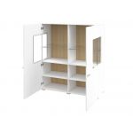 Wysoka komoda 110 cm w skandynawskim stylu, dwudrzwiowa z opcją oświetlenia LED - COMME - biały połysk / dąb wotan