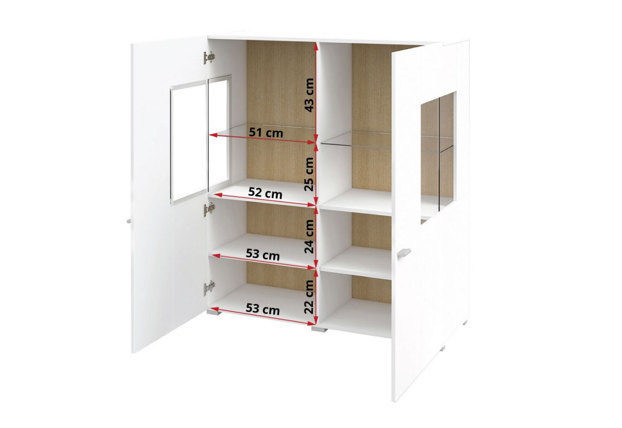 Wysoka komoda 110 cm w skandynawskim stylu, dwudrzwiowa z opcją oświetlenia LED - COMME - biały połysk / dąb wotan