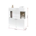 Wysoka komoda 110 cm w skandynawskim stylu, dwudrzwiowa z opcją oświetlenia LED - COMME - biały połysk / dąb wotan