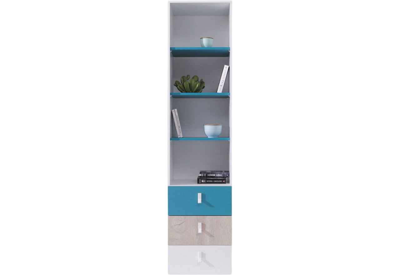 Regał z otwartymi półkami oraz szufladami w nowoczesnym designie - NALET Biały lux / Dąb / Morski