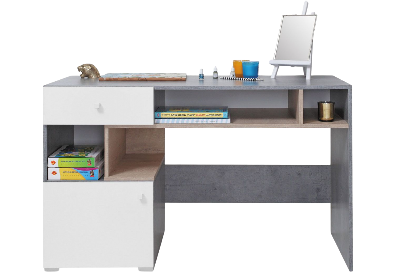 Praktyczne biurko z szufladą do nauki dla nastolatka do pokoju - SILVA - Beton / Biały Lux / Dąb