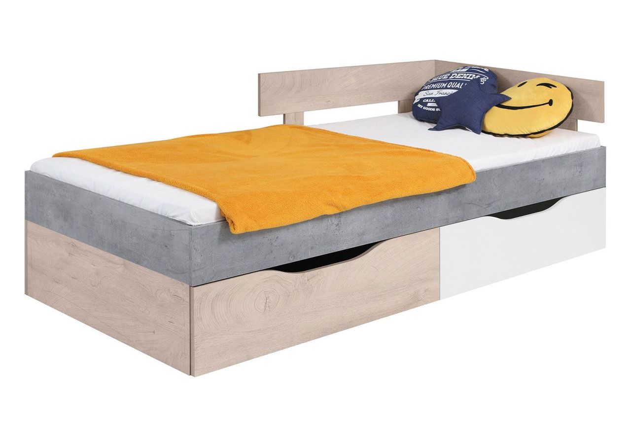 Pojemne i stylowe łóżko 90x200 cm, pojedyncze z szufladami do pokoju młodzieżowego - SILVA - Beton / Biały Lux / Dąb