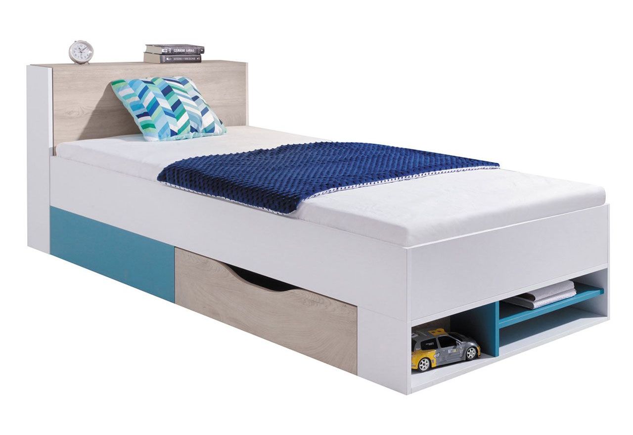 Pojedyncze łóżko z pojemnikiem na pościel i wysokim zagłowiem 90x200 cm - NALET Biały lux / Dąb / Morski