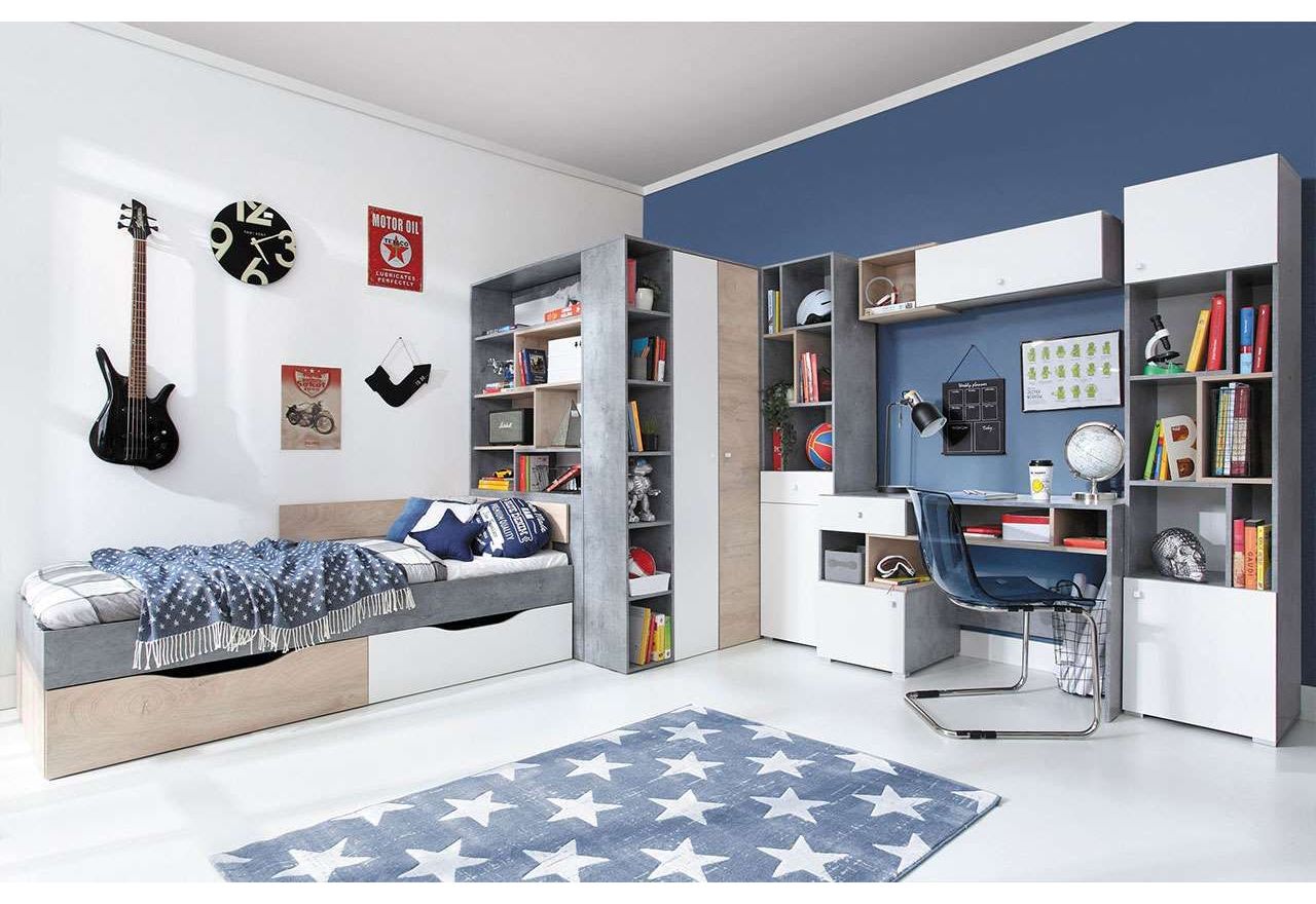 Modny zestaw mebli do pokoju młodzieżowego razem z łóżkiem 90x200 cm - SILVA - Beton / Biały Lux / Dąb