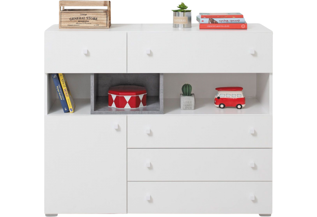 Pojemna komoda z szufladami i szafką dla dzieci i młodzieży - SILVA - Biały Lux / Beton