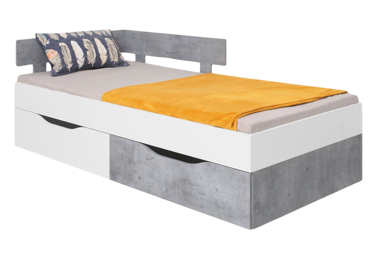 Eleganckie solidne łóżko pojedyncze 90x200 cm z szufladami do pokoju dziecięcego - SILVA - Biały Lux / Beton