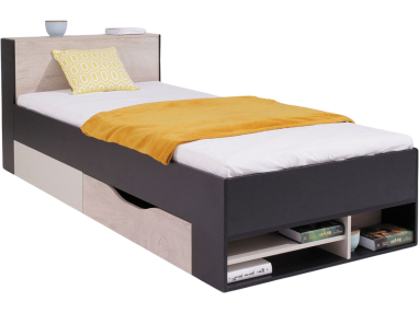 Łóżko z pojemnikiem na pościel do pokoju młodzieżowego 90x200 cm - NALET Czarny / Dąb / Beż