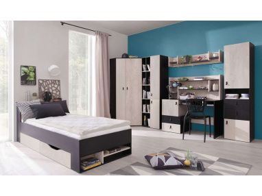 Zestaw mebli z szafa narożną i łóżkiem 90x200 cm do pokoju młodzieżowego - NALET D Czarny / Dąb / Beż