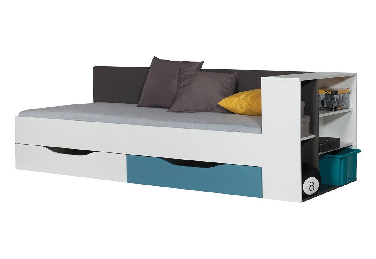 Łóżko pojedyncze 90x200 cm z szufladami do pokoju młodzieżowego - TAMALO - Grafit / Biały Lux / Atlantic