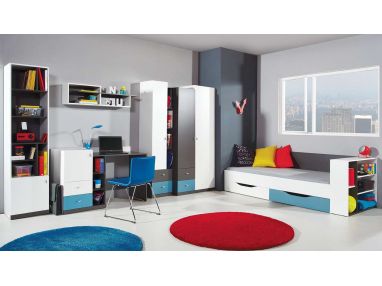 Gustowny zestaw mebli sypialnianych dla nastolatka z łóżkiem 90x200 cm - TAMALO - Grafit / Biały Lux / Atlantic