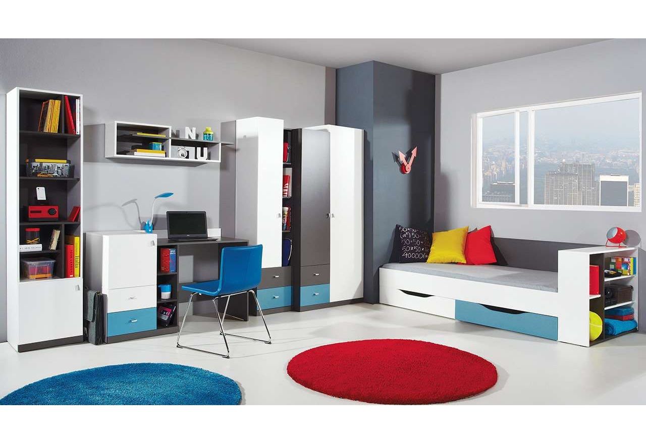 Gustowny zestaw mebli sypialnianych dla nastolatka z łóżkiem 90x200 cm - TAMALO - Grafit / Biały Lux / Atlantic