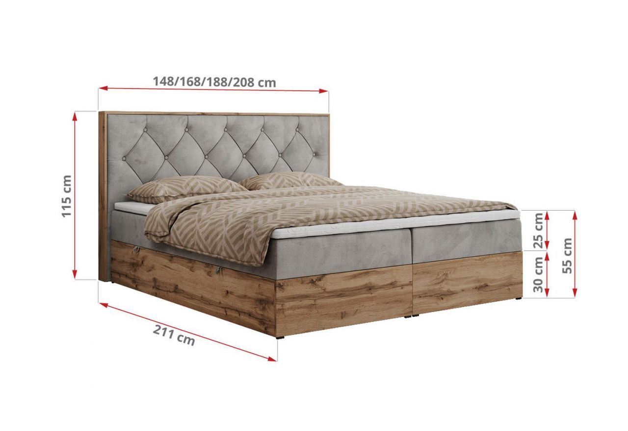 Łóżko kontynentalne VENETO 160x200 - H4 - jasnoszary, welwet