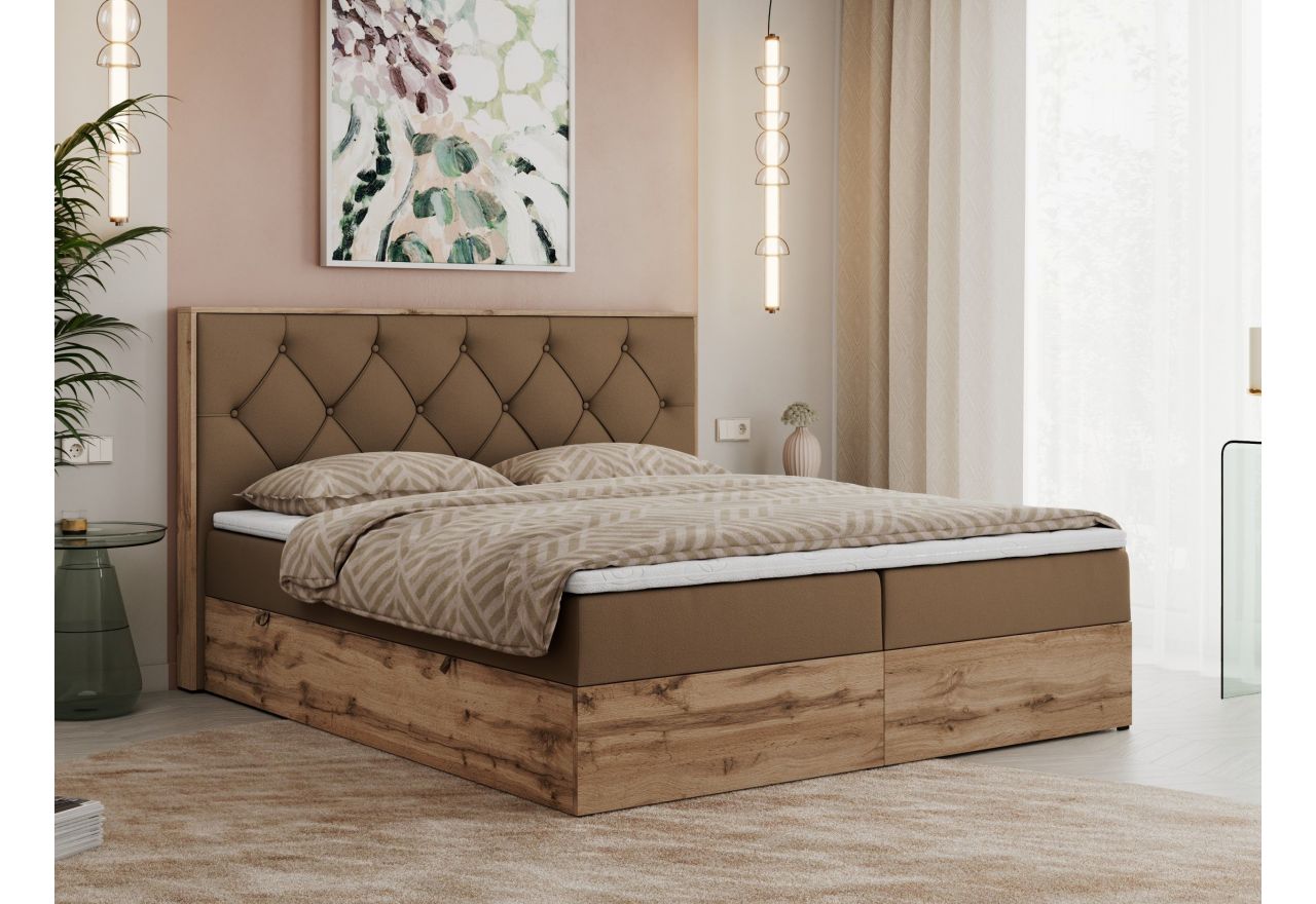 Łóżko kontynentalne VENETO 200x200 - H4 - brązowy, ekoskóra