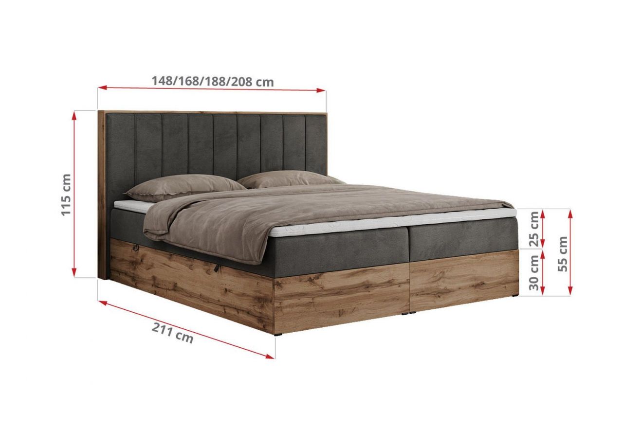 Łóżko kontynentalne BELLISSIMO 180x200 - H4 - ciemnoszary, welwet