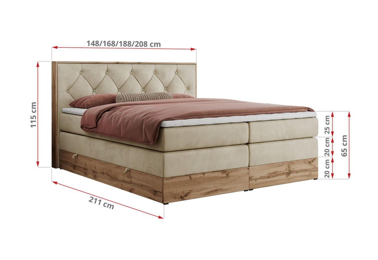 Łóżko kontynentalne VENETO KING 160x200 - H4 - beżowy, welwet
