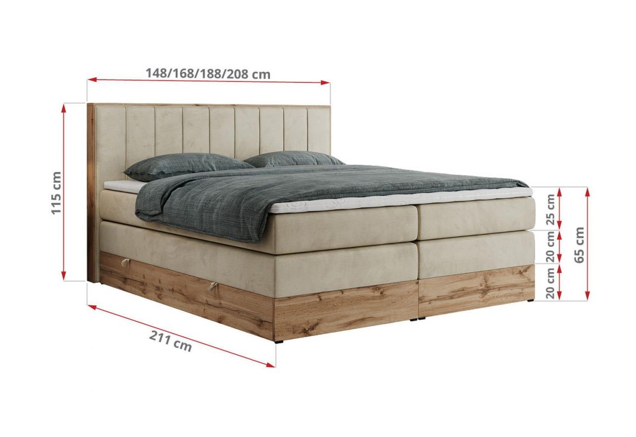 Łóżko kontynentalne BELLISSIMO KING 160x200 - H3 - beżowy, welwet