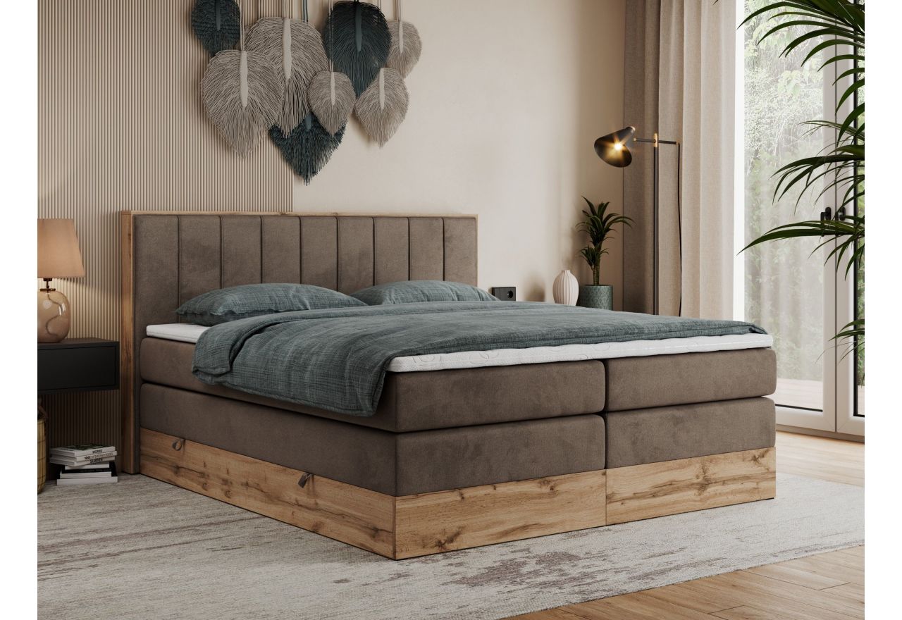 Łóżko kontynentalne BELLISSIMO KING 180x200 - H4 - brązowy, welwet