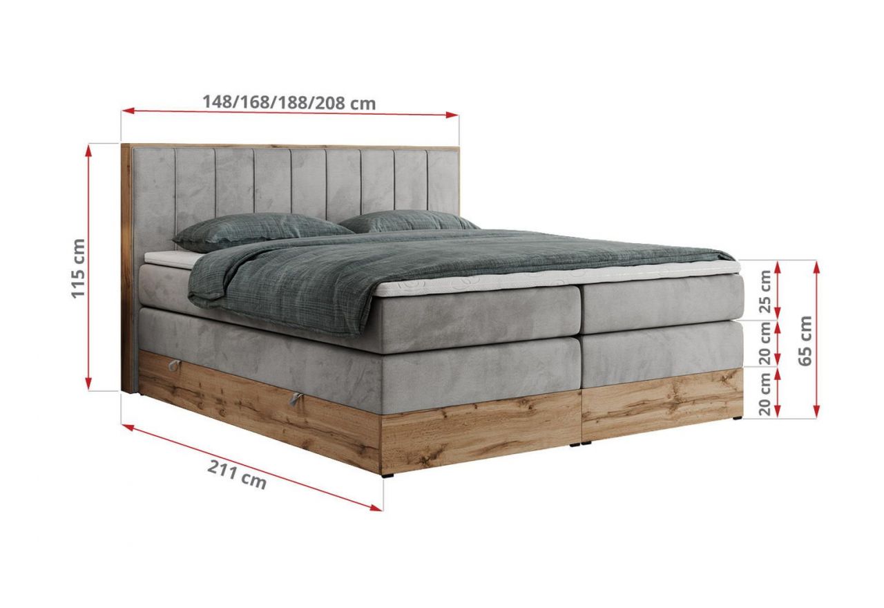 Łóżko kontynentalne BELLISSIMO KING 200x200 - H4 - jasnoszary, welwet