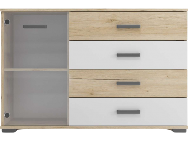 Komoda 120 cm z szufladami i przeszklonymi drzwiczkami do salonu - LINK Dąb Sonoma / Biały