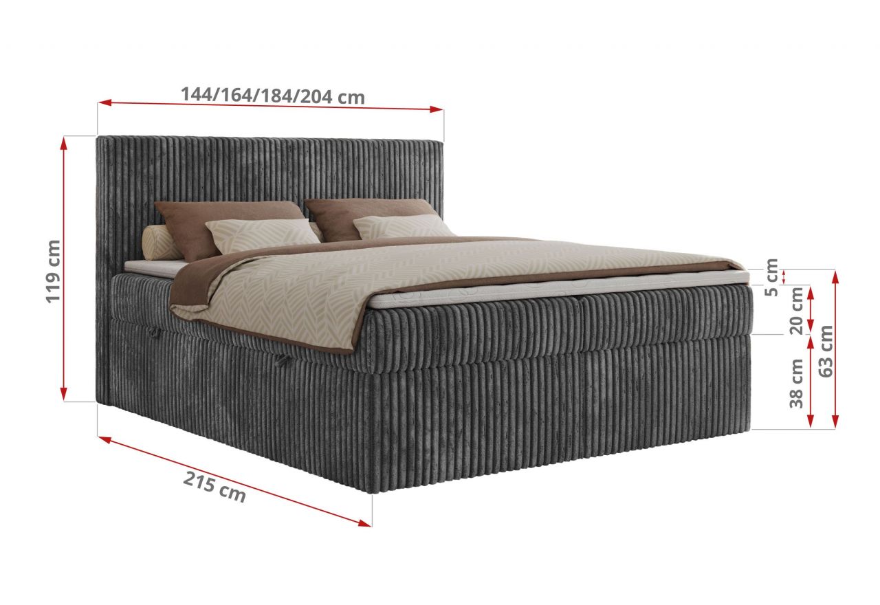 Łóżko kontynentalne TILIANO 160x200 - H3 - szary, sztruks