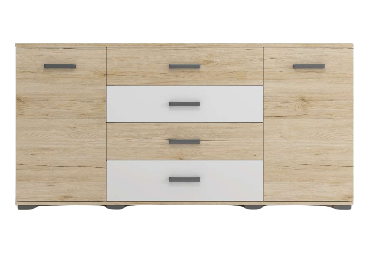 Duża komoda 160 cm z szufladami i szafkami do sypialni i pokoju dziennego - LINK Dąb Sonoma / Biały