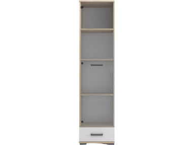 Modna przeszklona witryna z półkami i szufladą na dole do salonu - LINK Dąb Sonoma / Biały