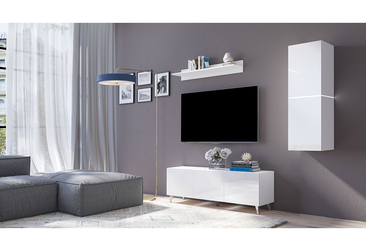 Nowoczesny zestaw mebli do pokoju dziennego z opcją LED - ALTO - Biały / Biały połysk