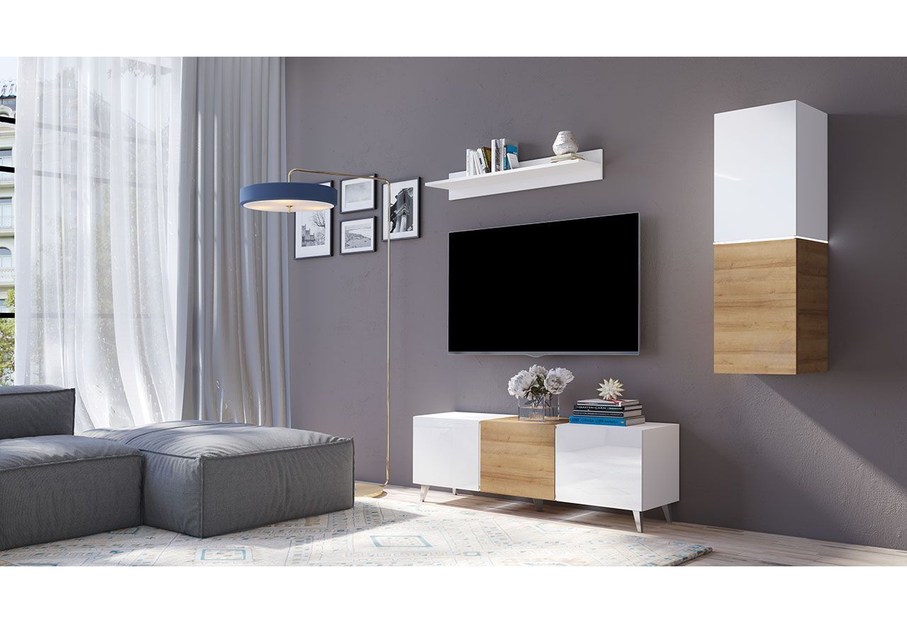 Modny zestaw mebli z opcją LED do pokoju dziennego - ALTO - Biały połysk / Dąb złoty / Biały