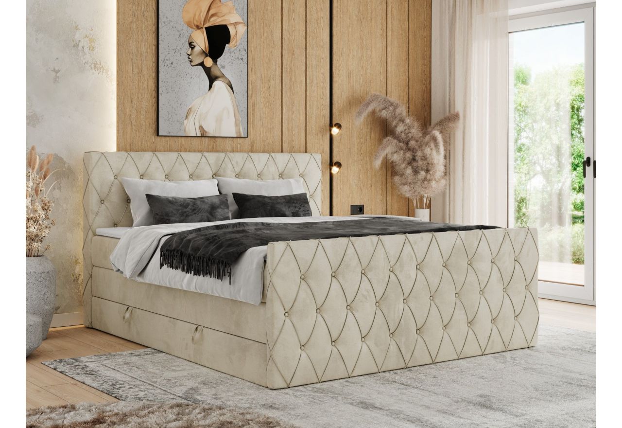 Łóżko kontynentalne MIREN KING DUO 140x200 - H3 - beżowy, welwet