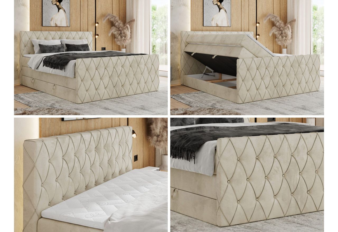 Łóżko kontynentalne MIREN KING DUO 160x200 - H4 - beżowy, welwet