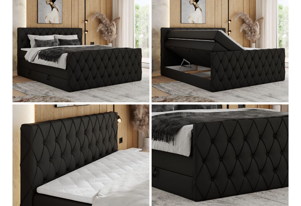 Łóżko kontynentalne MIREN KING DUO 200x200 - H3 - czarny, ekoskóra