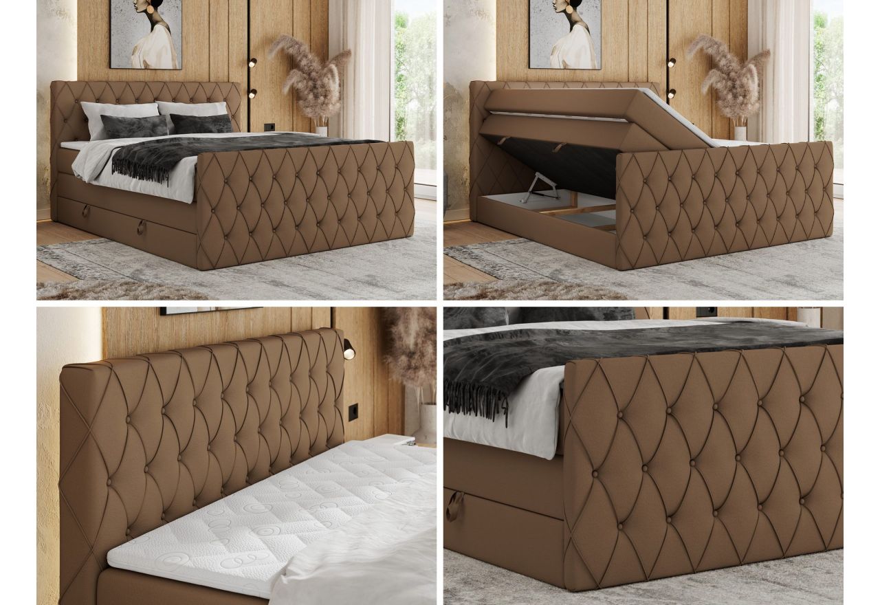 Łóżko kontynentalne MIREN KING DUO 160x200 - H3 - brązowy, ekoskóra