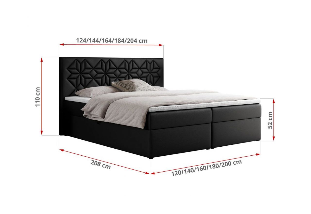 Łóżko kontynentalne LEILA 200x200 - H3 - czarny, ekoskóra