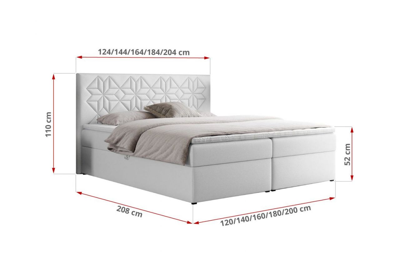 Łóżko kontynentalne LEILA 180x200 - H3 - biały, ekoskóra